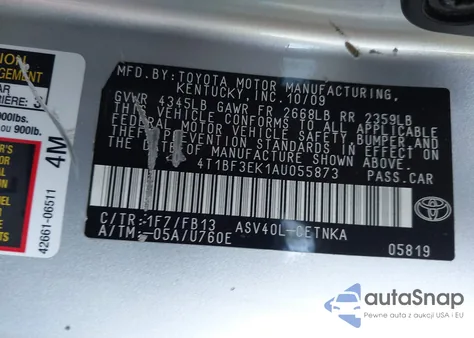 2010 Toyota Camry Le z USA, uszkodzony, nr VIN 4T1BF3EK1AU055873